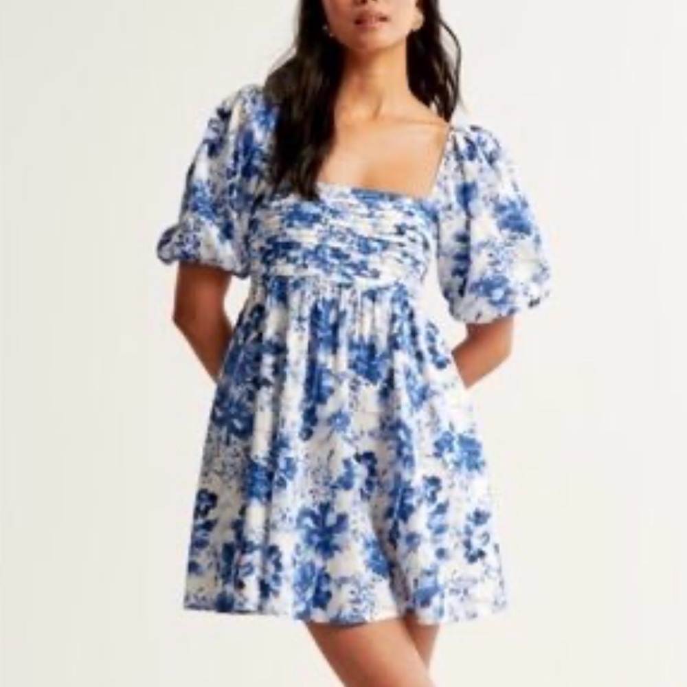 Abercrombie & Fitch White and Blue Floral Puff-Sleeve Mini Dress